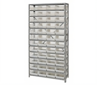Quantum Heavy-Duty Stationary Wire Shelving Unit with 13 Shelves and 48 Clear Bins, 36 x 12 x 75 Inches
