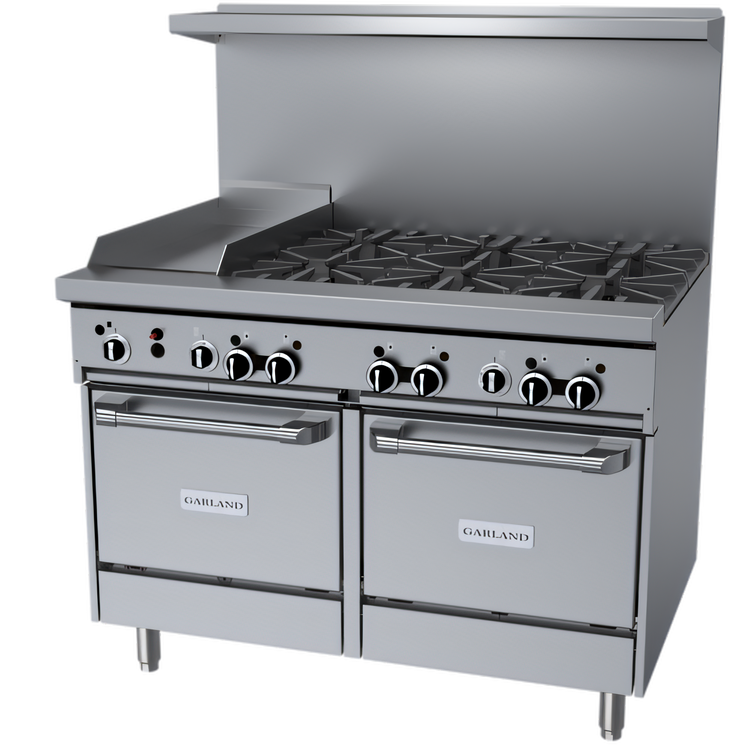 Product image #1 for Garland GF Starfire Pro 48-Inch Gas Restaurant Range with 6 Open Burners, 12-Inch Thermostatic Griddle, and 2 Space-Saver Ovens