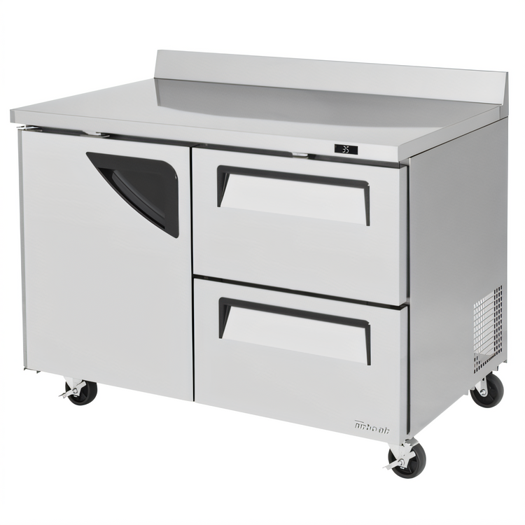 Product image #1 for Turbo Air Super Deluxe 48-Inch Worktop Refrigerator with 1 Door and 2 Drawers, 12 Cu. Ft., Stainless Steel, Self-Cleaning Condenser
