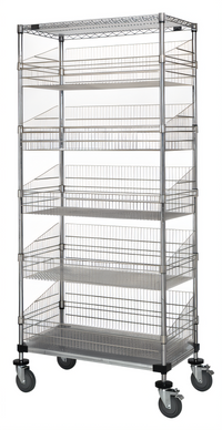 Quantum 36 x 18 x 80 Inch Post Basket Cart with 5 Baskets, Wire Shelf, Solid Shelf, Chrome Plated