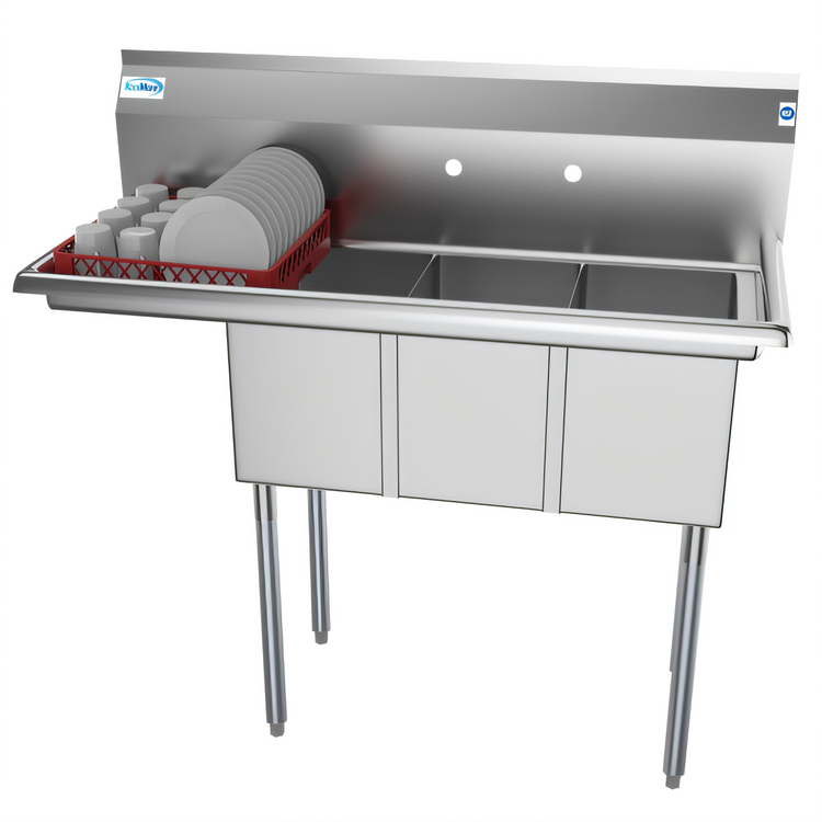 Product image #1 for KoolMore 45-Inch 3-Compartment Commercial Sink with Left Drainboard and Backsplash