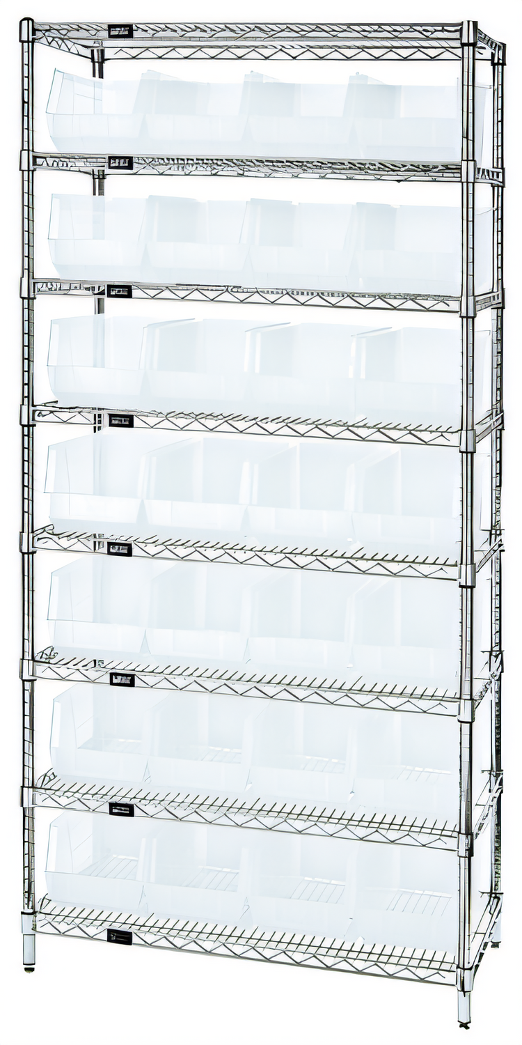 Product image #1 for Quantum Stationary Bin Wire Shelving System with 8 Shelves and 28 Clear Bins, 36 x 14 x 74 Inches, Chrome Plated
