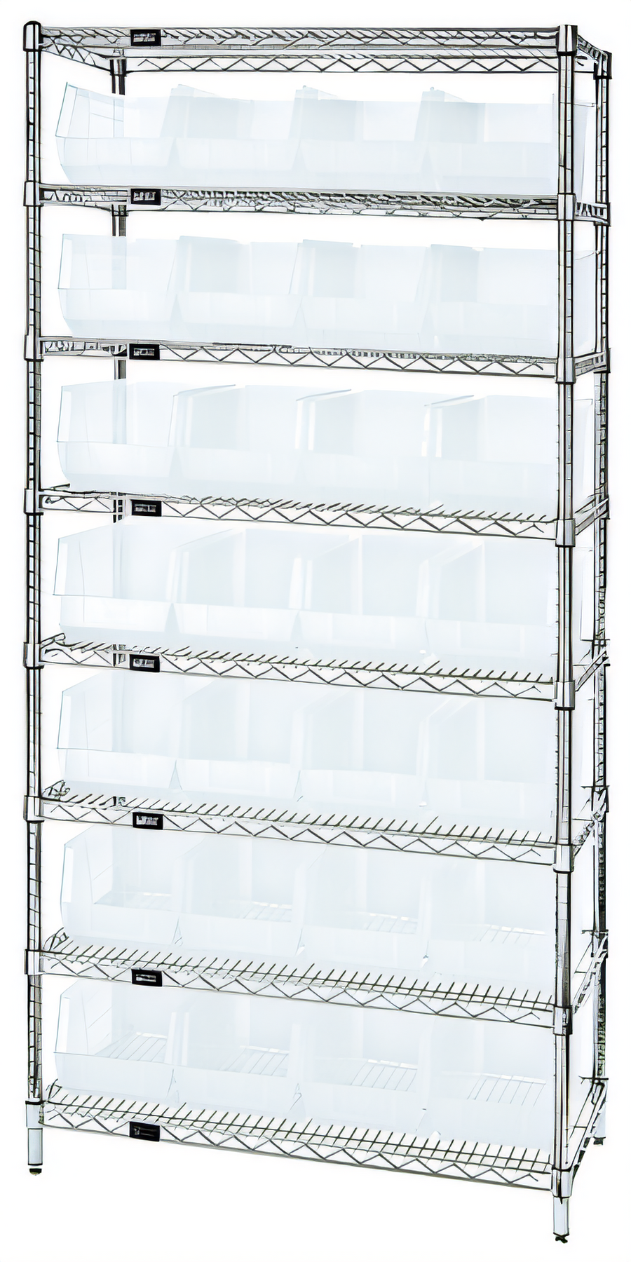 Product image #1 for Quantum Stationary Bin Wire Shelving System with 8 Shelves and 28 Clear Bins, 36 x 14 x 74 Inches, Chrome Plated