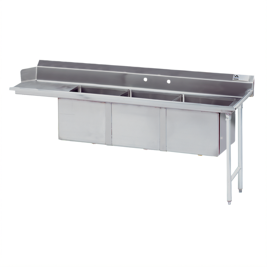 Product image #1 for Advance Tabco 66-Inch Right-Hand 3-Compartment Sink Dishtable with 6-Inch Drainboard and 16-Gauge 304 Stainless Steel Top