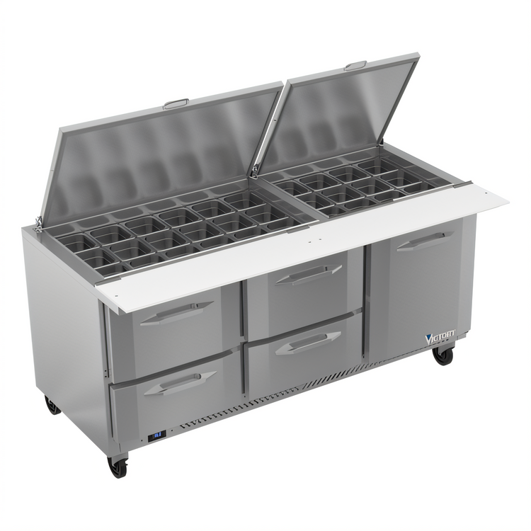 Product image #1 for Victory UltraSpec V-Core 72-Inch Three-Section Sandwich Prep Table with 30 1/6-Size Pan Top, 1 Door, and 4 Drawers