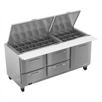 Victory UltraSpec V-Core 72-Inch Three-Section Sandwich Prep Table with 30 1/6-Size Pan Top, 1 Door, and 4 Drawers