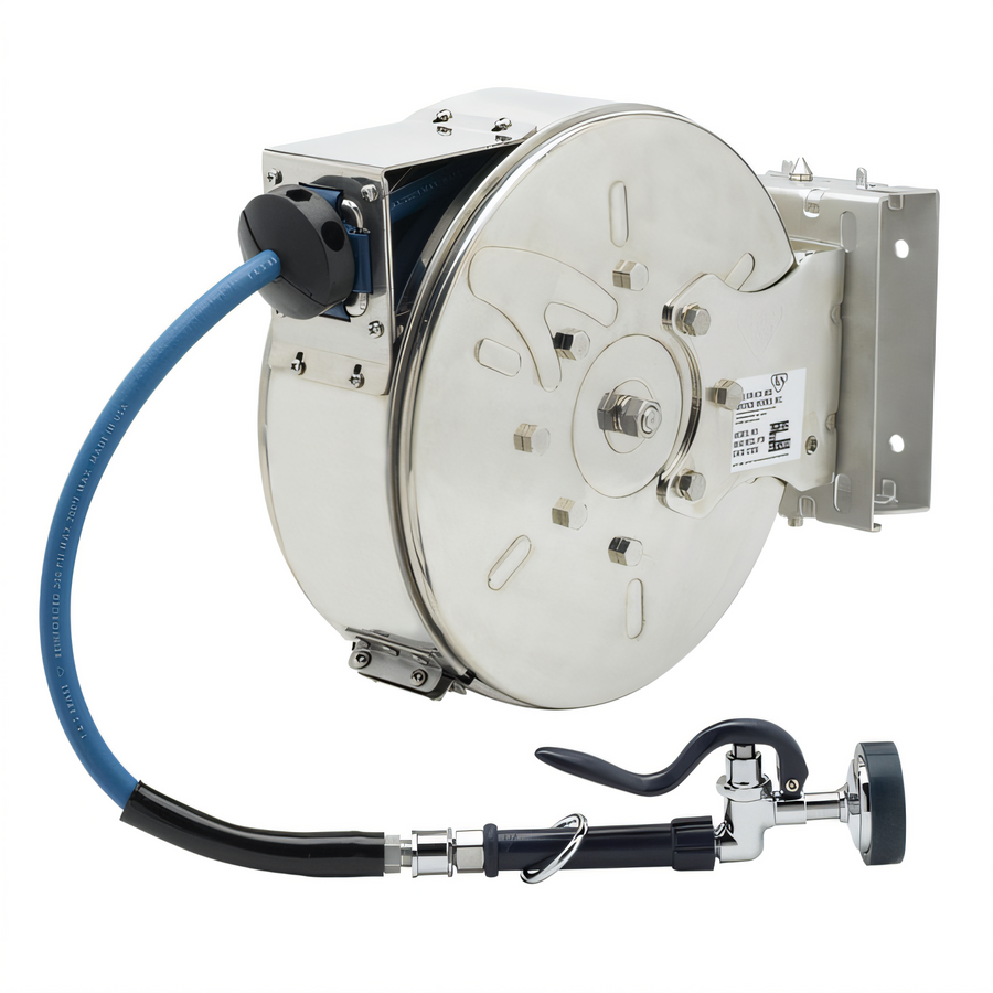 Product image #1 for T&S Brass Enclosed Stainless Steel Wall-Mount Retractable Hose Reel with 3/8-Inch x 30-Foot Hose and Blue Spray Valve