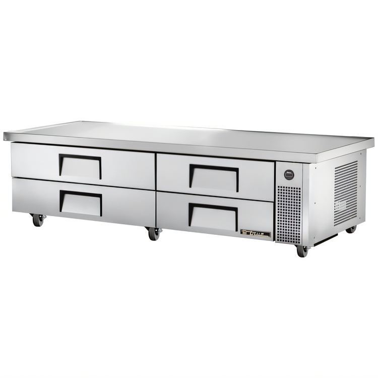 Product image #1 for True 4-Drawer Refrigerated Chef Base with 86-1/4 Inch Stainless Steel Top, Self-Contained Side-Mounted Refrigeration