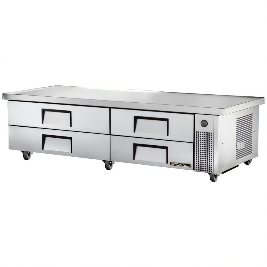 Product image #1 for True 4-Drawer Refrigerated Chef Base with 86-1/4 Inch Stainless Steel Top, Self-Contained Side-Mounted Refrigeration