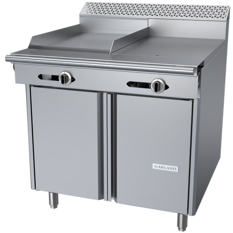 Product image #1 for Garland Cuisine Series Heavy Duty 36-Inch Gas Combination Top Range with 18-Inch Griddle, 18-Inch Hot Top, and Open Cabinet Base