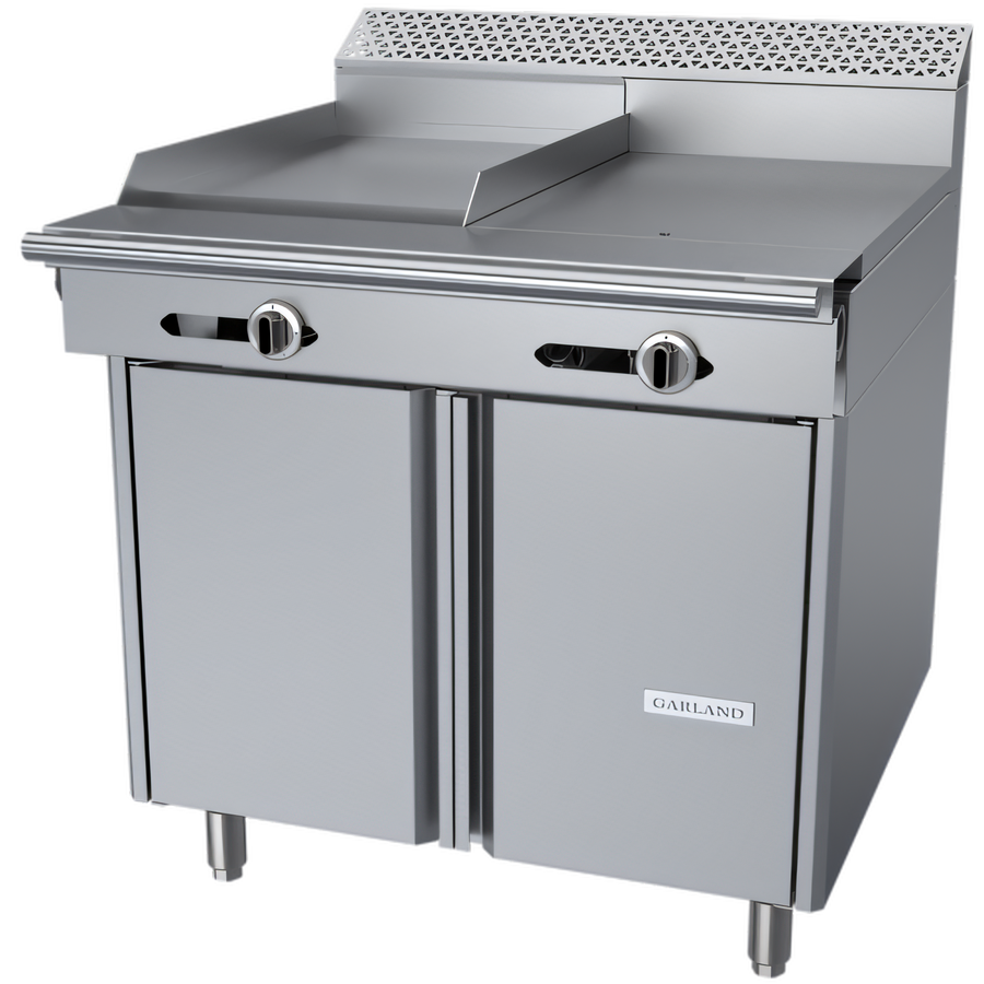 Product image #1 for Garland Cuisine Series Heavy Duty 36-Inch Gas Combination Top Range with 18-Inch Griddle, 18-Inch Hot Top, and Open Cabinet Base