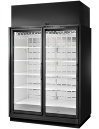 True Two-Section Medium-Temp Self-Contained Glass Door Merchandiser, Black Exterior/White Interior, Left-End Finished