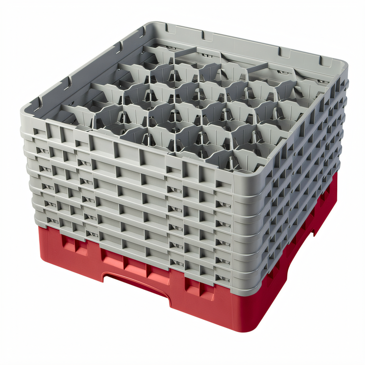 Product image #1 for Cambro Camrack Full Size 20-Compartment Glass Rack with 6 Soft Gray Extenders, Red
