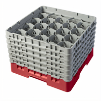 Cambro Camrack Full Size 20-Compartment Glass Rack with 6 Soft Gray Extenders, Red
