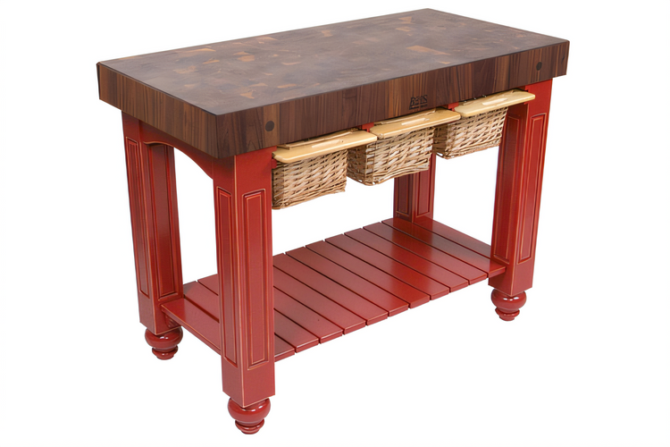 Product image #1 for John Boos American Heritage Gathering Block III 48 Inch x 24 Inch x 36 Inch End Grain American Black Walnut Butcher Block Work Table with Wicker Baskets