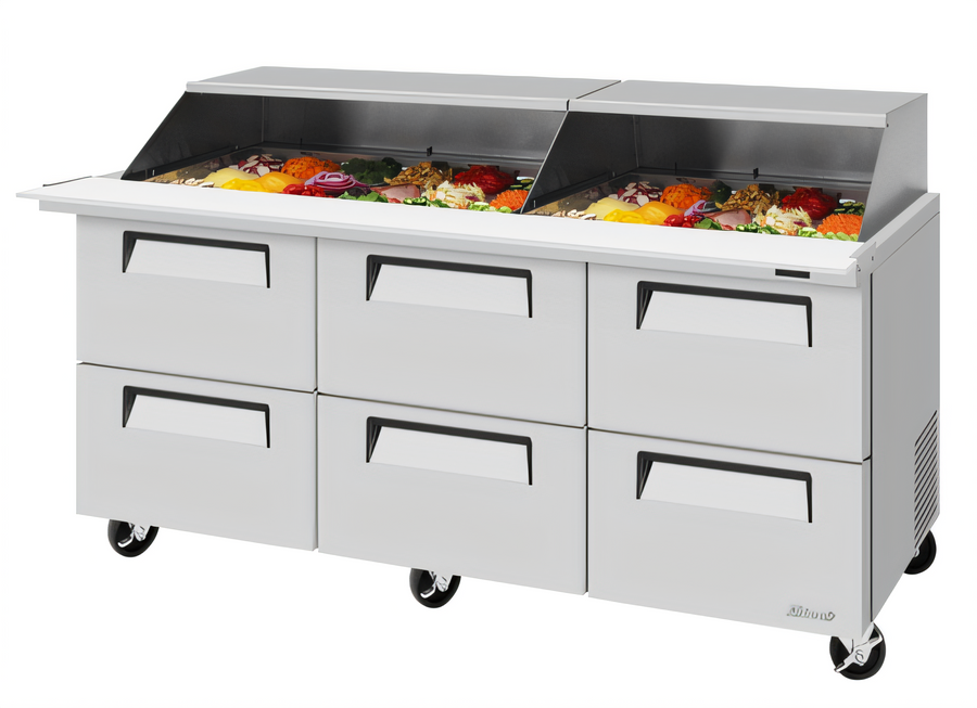 Product image #1 for Turbo Air Super Deluxe Refrigerated 3-Section Sandwich/Salad Mega Top Prep Table with 6 Drawers and Slide-Back Lid