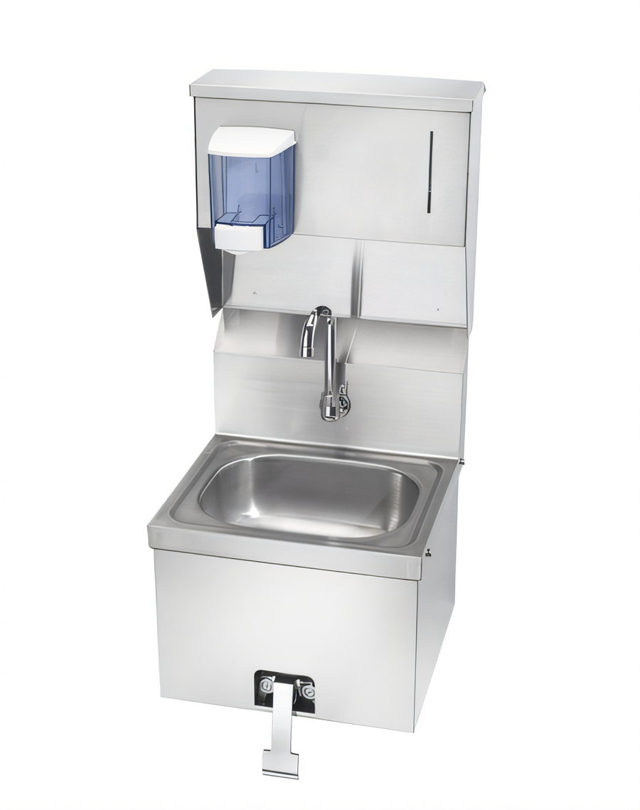 Product image #1 for Krowne HS-16 Wall-Mounted Stainless Steel Hand Sink with Soap & Towel Dispenser and Knee Pedal Valves