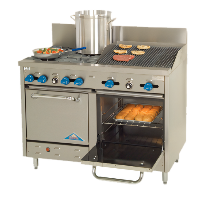 Product image #1 for Comstock-Castle 48-Inch Gas Range with 4 Open Burners, 24-Inch Char-Broiler, and 2 Space-Saver Ovens