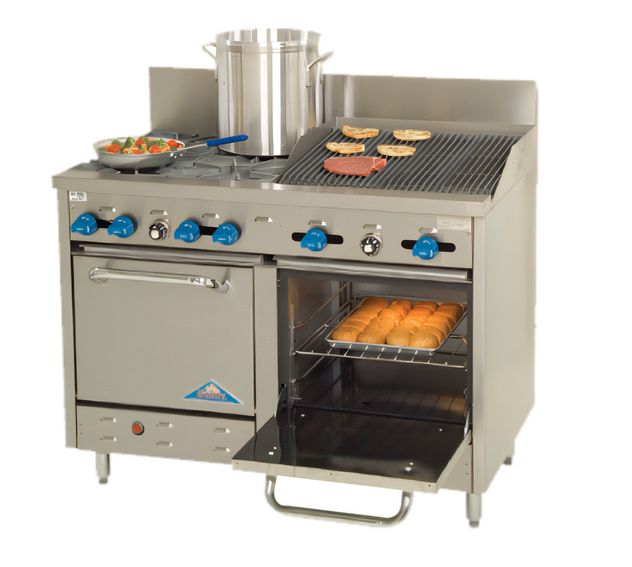 Product image #1 for Comstock-Castle 48-Inch Gas Range with 4 Open Burners, 24-Inch Char-Broiler, and 2 Space-Saver Ovens