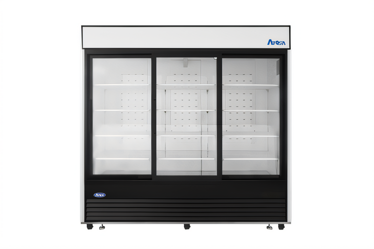 Product image #1 for Atosa Three-Section Sliding Glass Door Merchandiser Refrigerator, 68 Cu. Ft., Bottom-Mount, Black Exterior