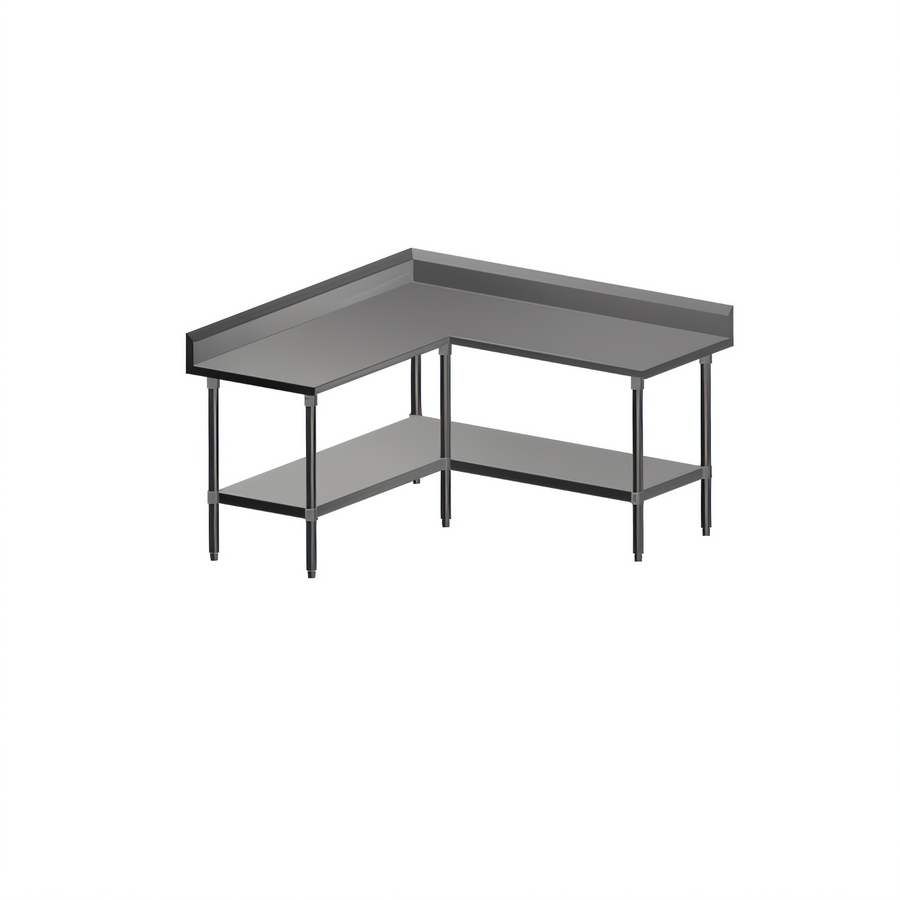 Product image #1 for John Boos L-Shaped Stainless Steel Corner Work Table with 5-Inch Backsplash and Adjustable Undershelf