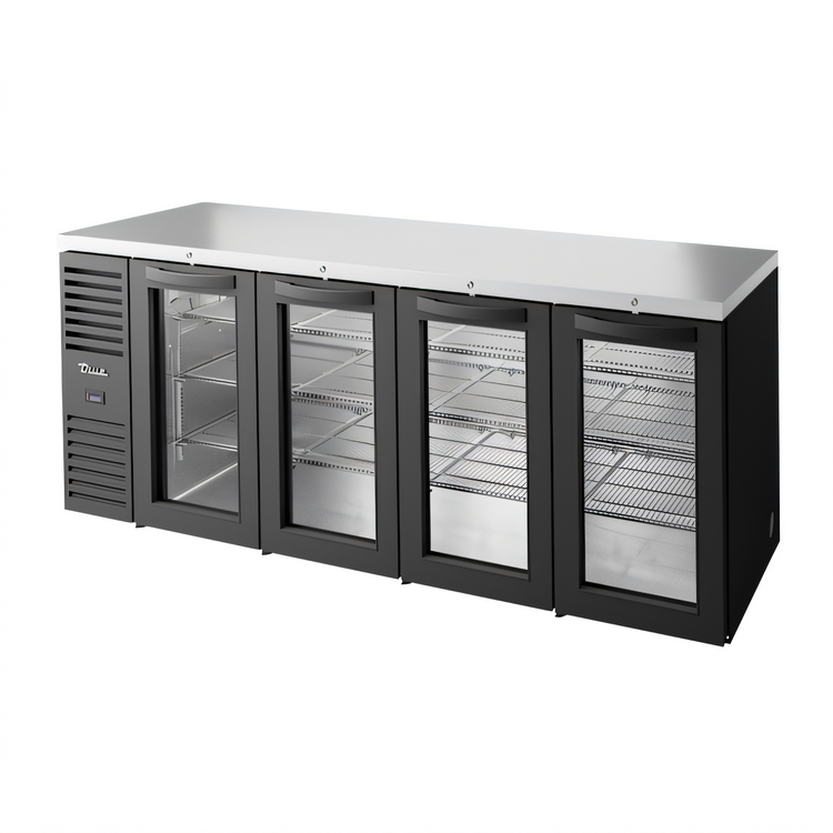 Product image #1 for True 92-Inch Four-Door Glass Back Bar Cooler with Side-Mounted Self-Contained Refrigeration