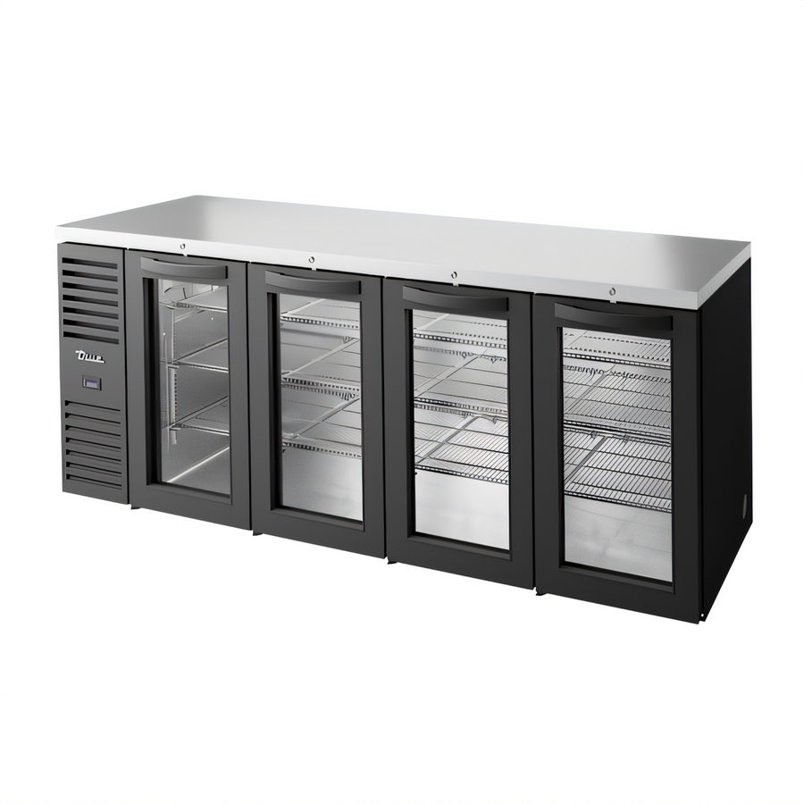 Product image #1 for True 92-Inch Four-Door Glass Back Bar Cooler with Side-Mounted Self-Contained Refrigeration
