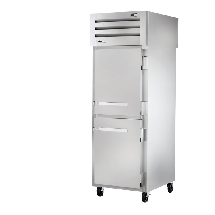 Product image #1 for True SPEC SERIES 1-Section Pass-Thru Reach-In Refrigerator with Solid Half Front Doors and Glass Rear Door, Stainless Steel