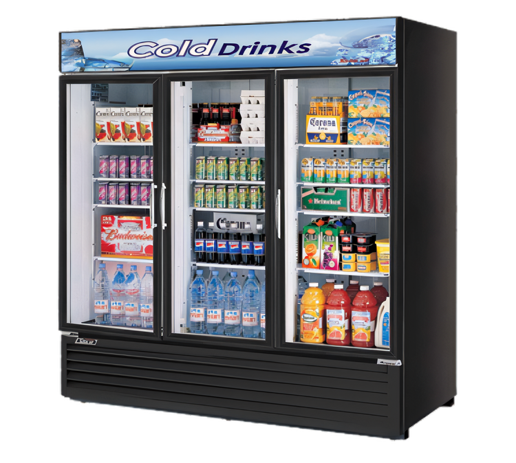 Product image #1 for Turbo Air TGM-72RS(B)-N 3-Section Bottom Mount Self-Contained Glass Door Refrigerated Merchandiser, 67.98 Cu. Ft.