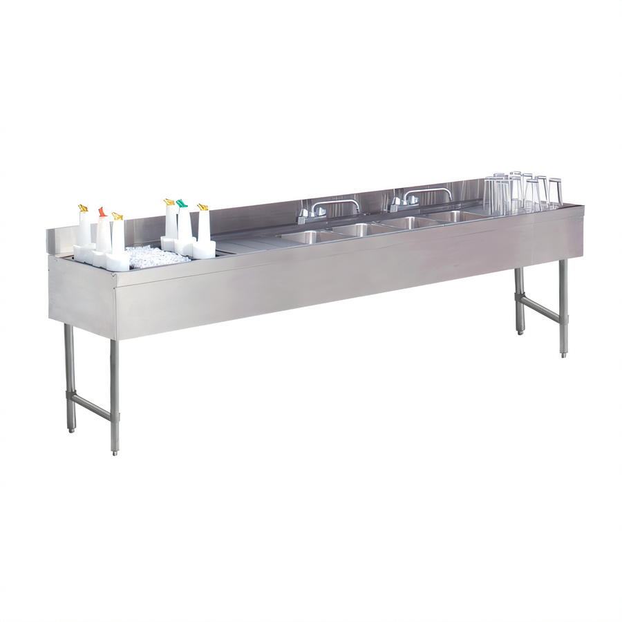 Product image #1 for Advance Tabco Underbar Basics 96-Inch Stainless Steel 4-Compartment Bar Sink and Ice Bin Combo with Left Ice Bin and Deck-Mount Faucets