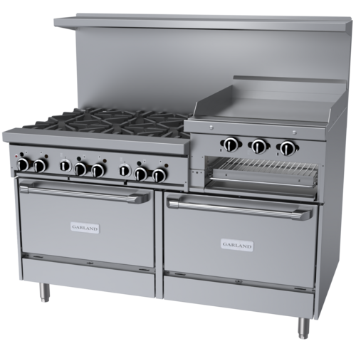 Product image #1 for Garland GFE Starfire Pro 60-Inch Gas Restaurant Range with 6 Open Burners, 24-Inch Raised Griddle/Broiler, Convection Oven, and Standard Oven