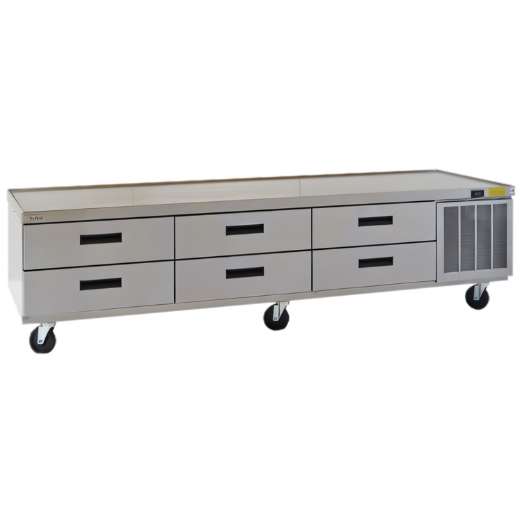 Product image #1 for Delfield Low-Profile Refrigerated Equipment Stand, 99-1/4 Inch Wide, 6 Drawers, Side-Mounted Refrigeration