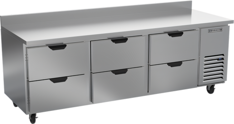 Product image #1 for Beverage-Air Three-Section 93-Inch Wide Worktop Refrigerator with 6 Drawers and Rear Splash