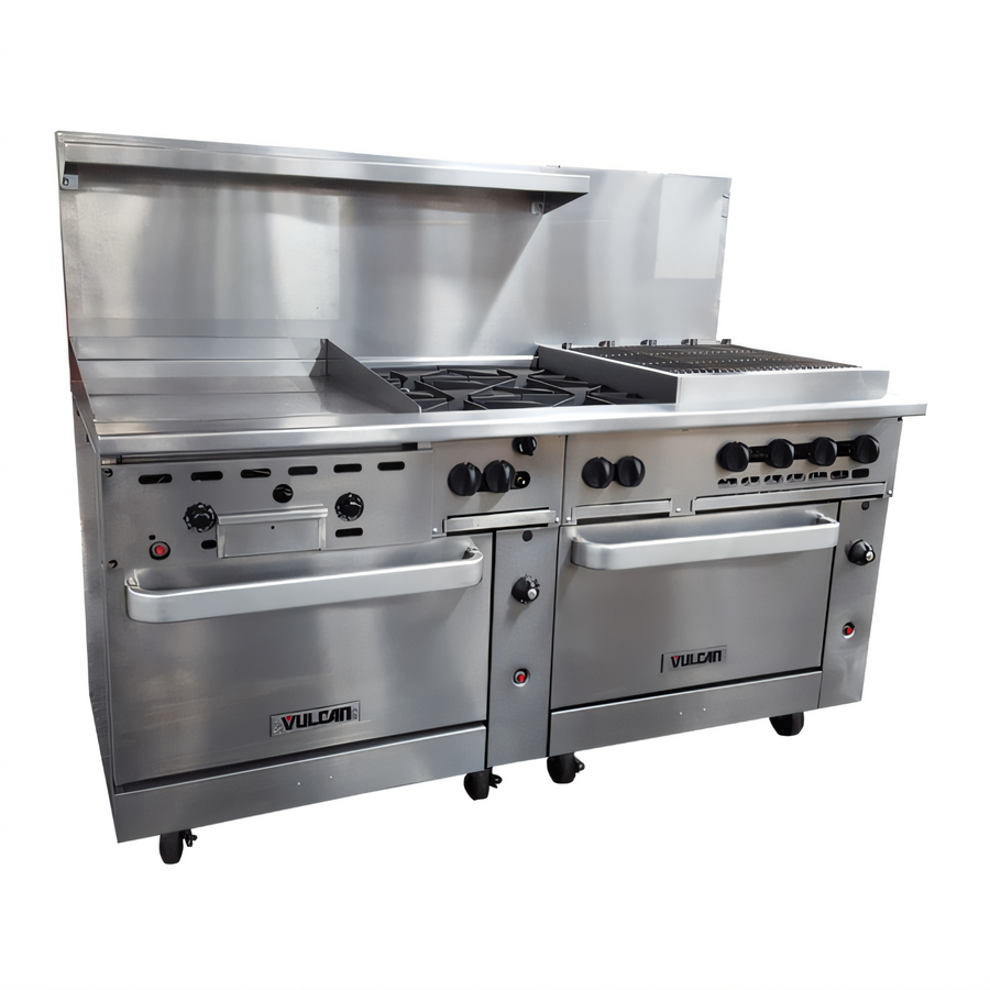 Product image #1 for Vulcan Endurance 72-Inch Gas Restaurant Range with 24-Inch Thermostatic Griddle, 4 Open Burners, 24-Inch Charbroiler, and 2 Convection Ovens