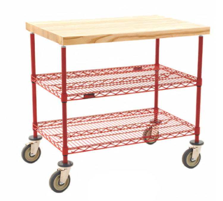 Product image #1 for Eagle Group QuadTruss 3-Tier Maple Top Demo Cart with 2 Wire Shelves, 36 x 24 x 34 Inches, Red Epoxy Finish
