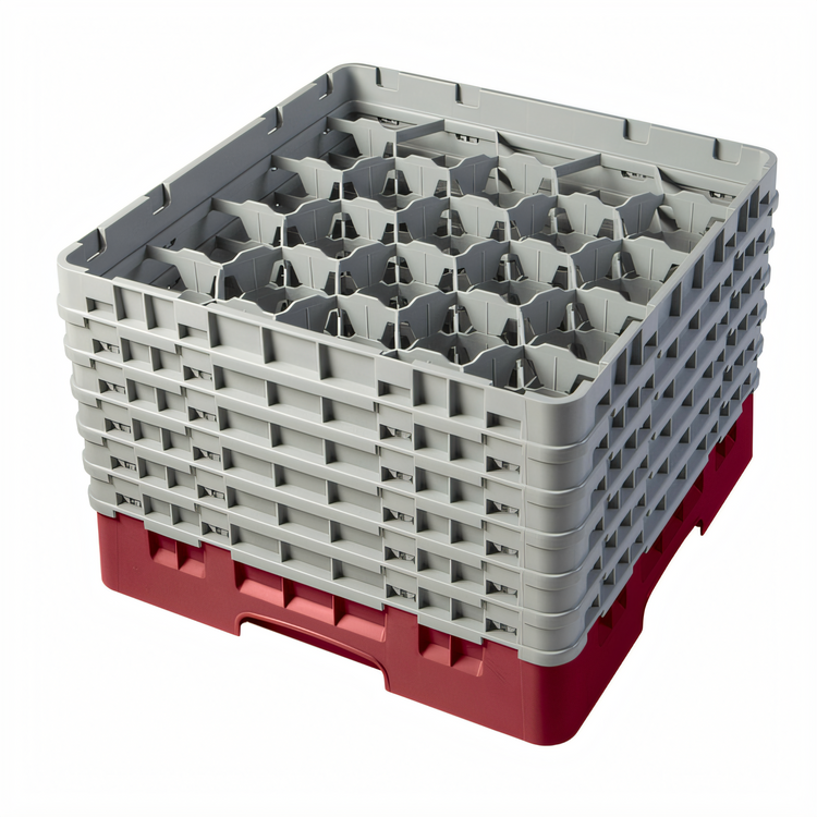 Product image #1 for Cambro Camrack® Full Size 20-Compartment Glass Rack, Cranberry, with Soft Gray Extenders