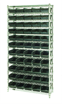Quantum Conductive Stationary Bin Wire Shelving System, 36 x 24 x 74 Inches, 12 Shelves, 55 Bins, 800 lb. Per Shelf, Chrome Plated