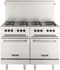 Vulcan 48 Inch Electric Restaurant Range with 8 French Plates and 2 Standard Ovens, 240 Volt
