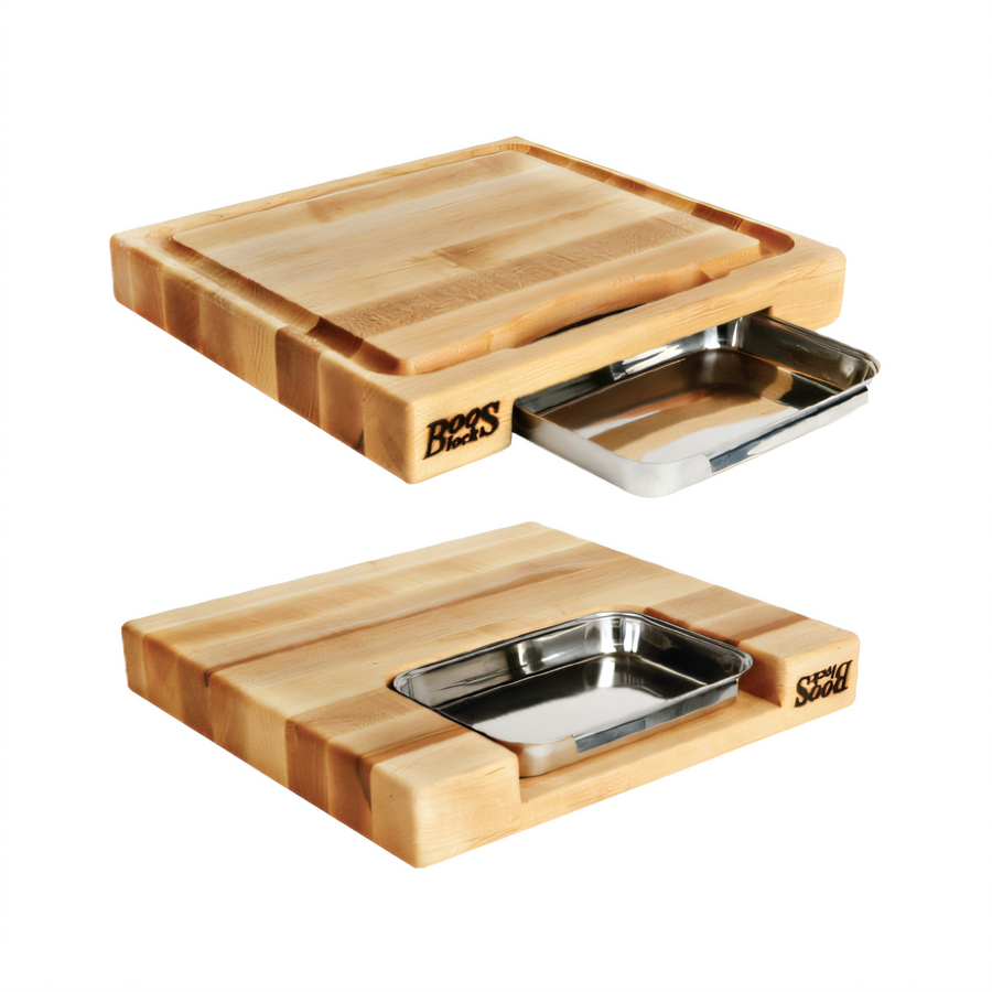 Product image #1 for John Boos Gift Collection Edge Grain Northern Hard Rock Maple Cutting Board with Pan and Sloped Juice Groove, Reversible, 15 x 14 x 2-1/4 Inch