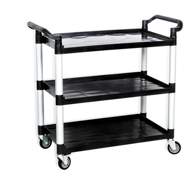 Product image #1 for Steel Works Stainless Three-Tier Bus Cart with Plastic Shelves and Braked Casters