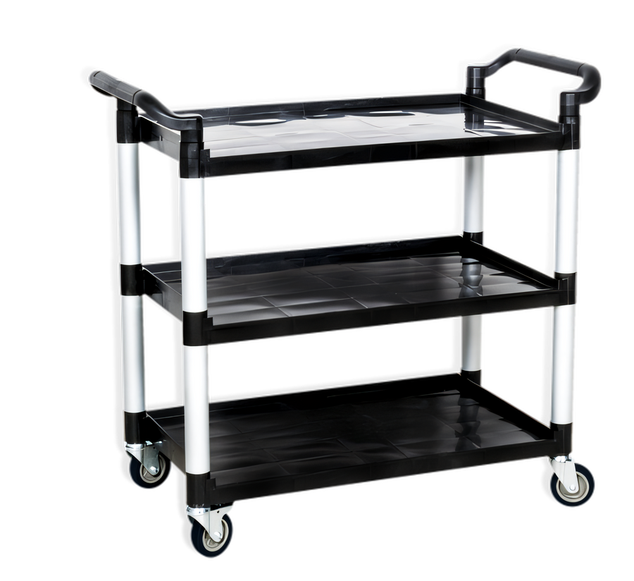 Product image #1 for Steel Works Stainless Three-Tier Bus Cart with Plastic Shelves and Braked Casters