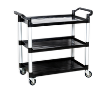 Steel Works Stainless Three-Tier Bus Cart with Plastic Shelves and Braked Casters