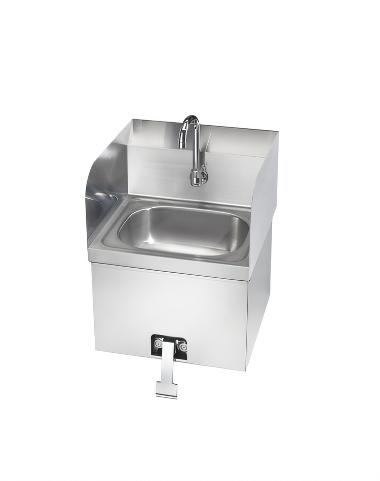 Product image #1 for Wall-Mounted Stainless Steel Hand Sink with Knee-Pedal Gooseneck Faucet and Side Splashes