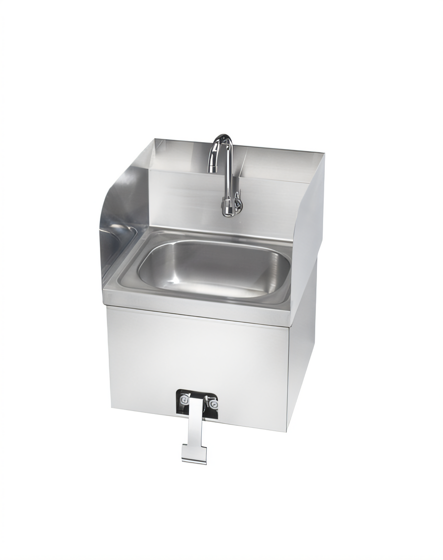 Product image #1 for Wall-Mounted Stainless Steel Hand Sink with Knee-Pedal Gooseneck Faucet and Side Splashes