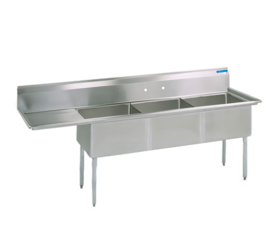 Product image #1 for BK Resources Three-Compartment Stainless Steel Sink with Left Drainboard and 15 x 15 x 14-Inch Bowls