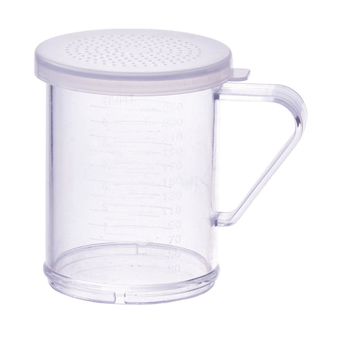 Product image #1 for Winco 10 oz Clear Polycarbonate Shaker/Dredge with Handle and Snap-On Lid, Fine Holes