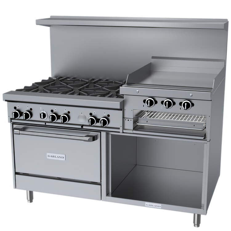Product image #1 for Garland GF Starfire Pro 60-Inch Gas Restaurant Range with 6 Open Burners, 24-Inch Raised Griddle/Broiler, Standard Oven and Storage Base