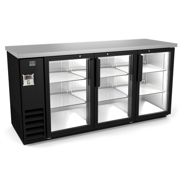 Product image #1 for Kelvinator Commercial 73-Inch 3-Door Glass Back Bar Refrigerator with Stainless Steel Worktop