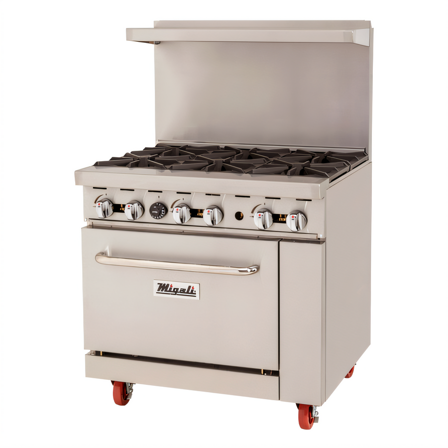 Product image #1 for Migali Competitor Series 36-Inch Natural Gas Commercial Range with 6 Open Burners, Standard Oven, and Backriser Hi-Shelf