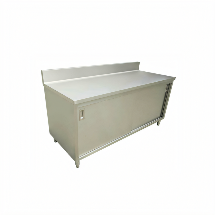 Product image #1 for 48-Inch W x 24-Inch D Enclosed Stainless Steel Work Table with Cabinet Base, Sliding Doors, and 6-Inch Backsplash